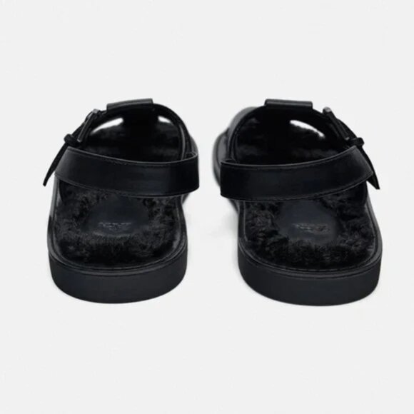 New ZARA Faux Fur Lined Cage Sandals Black Leather Fisherman Women's Size 6.5 37 - Picture 12 of 14